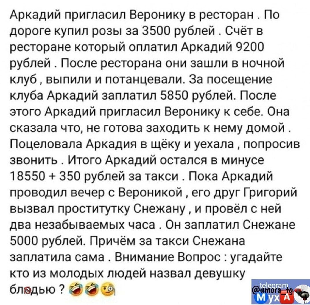 Аркадий пригласил Веронику в ресторан По дороге купил розы за 3500 рублей Счёт в ресторане который оплатил Аркадий 9200 рублей После ресторана они зашли в ночной клуб выпили и потанцевали За посещение клуба Аркадий заплатил 5850 рублей После этого Аркадий пригласил Веронику к себе Она сказала что не готова заходить к нему домой Поцеловала Аркадия в