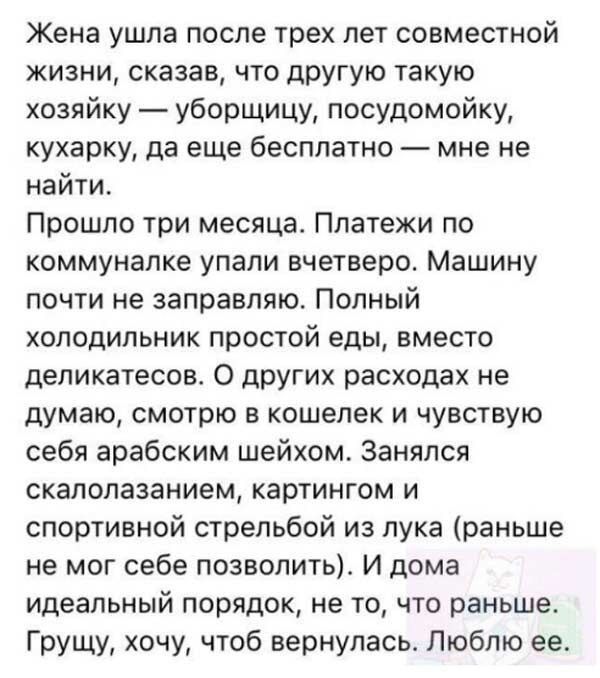 Жена ушла после трех лет совместной жизни сказав что другую такую хозяйку уборщицу посудомойку кухарку да еще бесплатно мне не найти Прошло три месяца Платежи по коммуналке упали вчетверо Машину почти не заправляю Полный холодильник простой еды вместо деликатесов О других расходах не думаю смотрю в кошелек и чувствую себя арабским шейхом Занялся ск