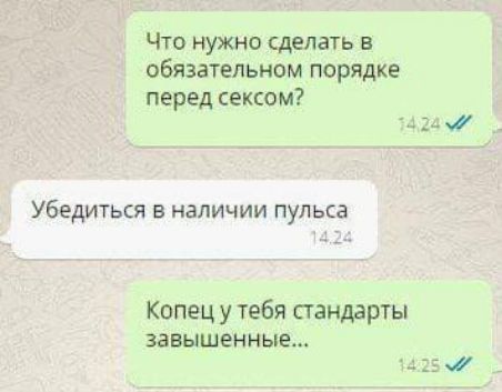 Что нужно сделать в обязательном порядке перед сексом Убедиться в наличии пульса Копец у тебя стандарты завышенные