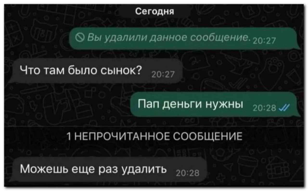 Сегодня Вы удалили данное сообщение 2027 Что там было сынок Пап деньги нужны о2а 1 НЕПРОЧИТАННОЕ СООБЩЕНИЕ Можешь еще раз удалить