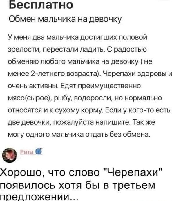 Бесплатно Обмен мальчика на девочку У меня два мальчика достигших половой зрелости перестали ладить С радостью обменяю любого мальчика на девочку не менее 2 летнего возраста Черепахи здоровы и очень активны Едят преимущественно мясосырое рыбу водоросли но нормально относятся и к сухому корму Если у кого то есть две девочки пожалуйста напишите Так ж