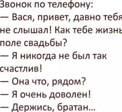 звонок по телефону Вася привет давно тебя не слышал Как тебе жизни поле свадьбы Я никогда не был так счастлив Она что рядом Я очень доволен Держись братан