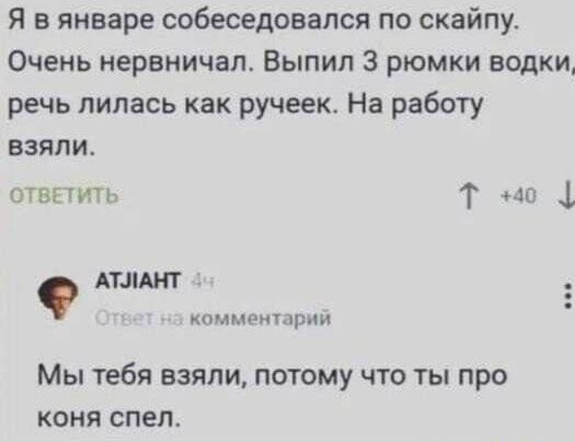 Я в январе собеседовался по скайпу Очень нервничал Выпил 3 рюмки водки речь лилась как ручеек На работу взяли ОТВЕТИТЬ Т 4о АТЛАНТ комментарий Мы тебя взяли потому что ты про коня спел