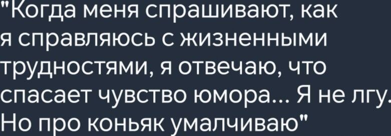 когда меня спрашивают как я справляюсь с жизненными трудностями я отвечаю что спасает чувство юмора Я не лгу Но про коньяк умалчиваю