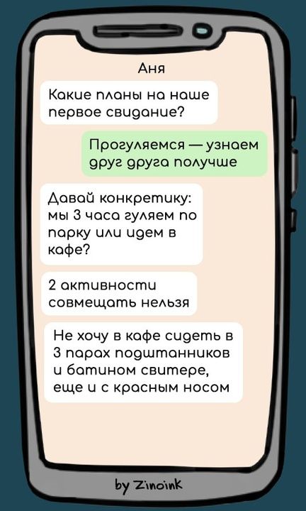 Какие планы на ноше первое свидание Прогуляемся узнаем 9руг друга получше Довой конкретику мы 3 чоса гуляем по порку чли чдем в кафе 2 октивности совмещать нельзя Не хочу в кафе сидеть в 3 порах подштанников и батином свитере еще и с красным носом