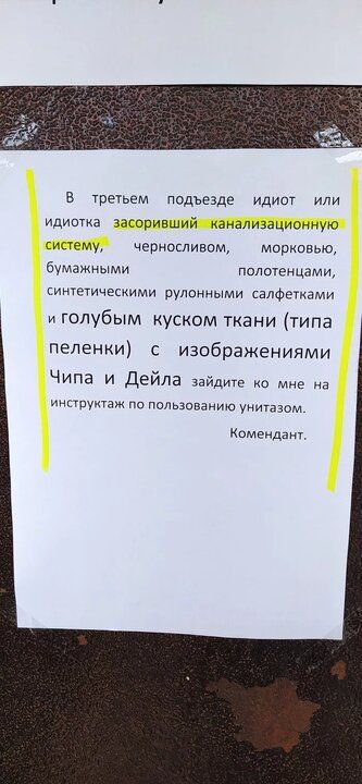 В третьем подъезде идиот или идиотка засоривший канализационную систему черносливом морковью бумажными полотенцами синтетическими рулонными салфетками и голубым куском ткани типа пеленки с изображениями Чипа и Дейла зайдите ко мне на инструктаж по пользованию унитазом Комендант