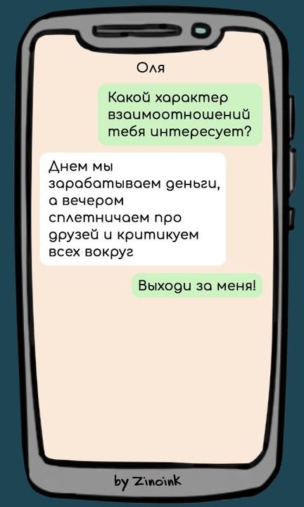 Какой хароктер взаимоотношений тебя интересует Днем мы заробаотывоем деньги о вечером сплетничаем про орузей и крутикуем всех вокруг Выходч за меня