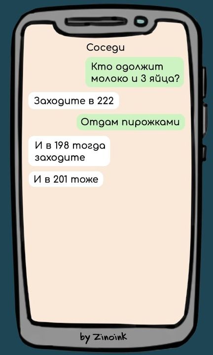 Соседи Кто одолжит молоко и 3 яйцо Зоходчте в 222 Отоом пирожками И в 198 тогда зоходите И в 201 тоже