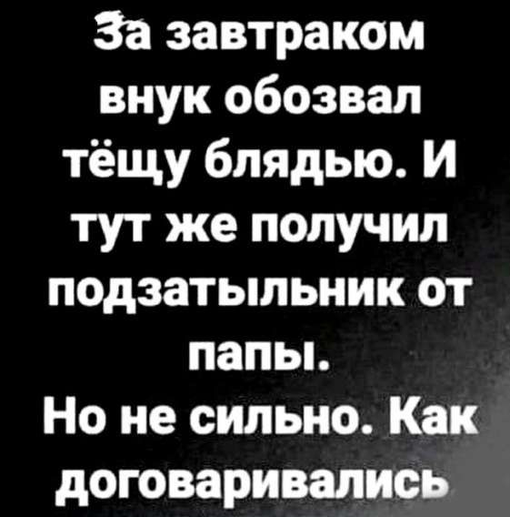 За завтраком внук обозвал тёщу блядью И тут же получил подзатыльник от папы Но не сильно Как договаривались