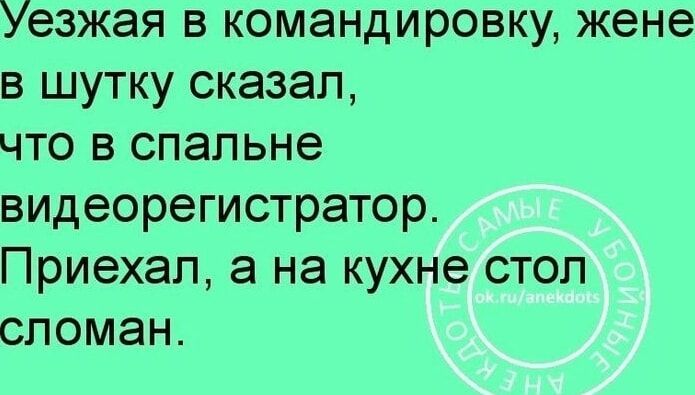 уезжая в командировку жене в шутку сказал что в спальне видеорегистратор Приехал а на кухне стол сломан