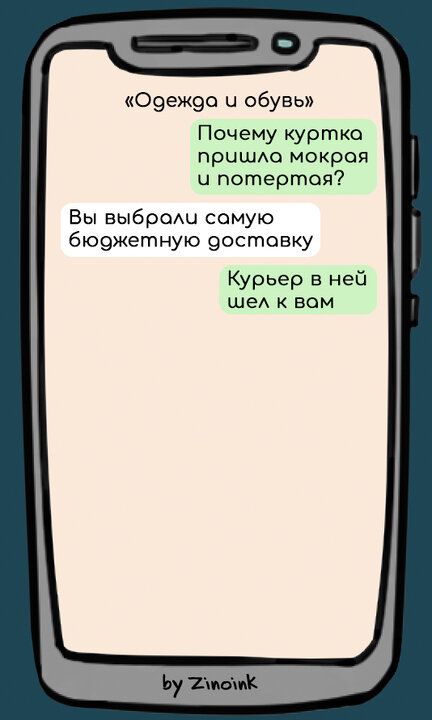 Одежда ч обувь Почему куртка пришла мокрая ч потертая Вы выброли самую бюджетную доставку Курьер в ней шел к вам