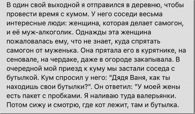 В один свой выходной я отправился в деревню чтобы провести время с кумом У него соседи весьма интересные люди женщина которая делает самогон иеё муж алкоголик Однажды эта женщина пожаловалась ему что не знает куда спрятать самогон от муженька Она прятала его в курятнике на сеновале на чердаке даже в огороде закапывала В очередной мой приезд к куму 