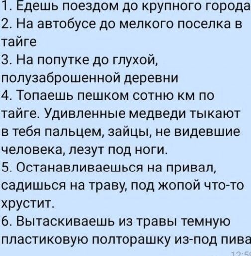 1 Едешь поездом до крупного города 2 На автобусе до мелкого поселка в тайге З На попутке до глухой полузаброшенной деревни 4 Топаешь пешком сотню км по тайге Удивленные медведи тыкают в тебя пальцем зайцы не видевшие человека лезут под ноги 5 Останавливаешься на привал садишься на траву под жопой что то хрустит 6 Вытаскиваешь из травы темную пласти