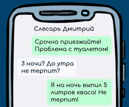 Слесорь Дмитрий Срочно приезжайте Проблема с туолетом 3 ночи До утра не терпит Я на ночь выпил 5 литров квосо Не терпит