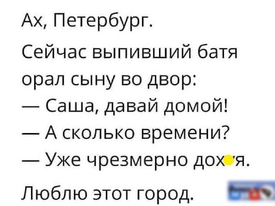 Ах Петербург Сейчас выпивший батя орал сыну во двор Саша давай домой А сколько времени Уже чрезмерно дохея Люблю этот город 5