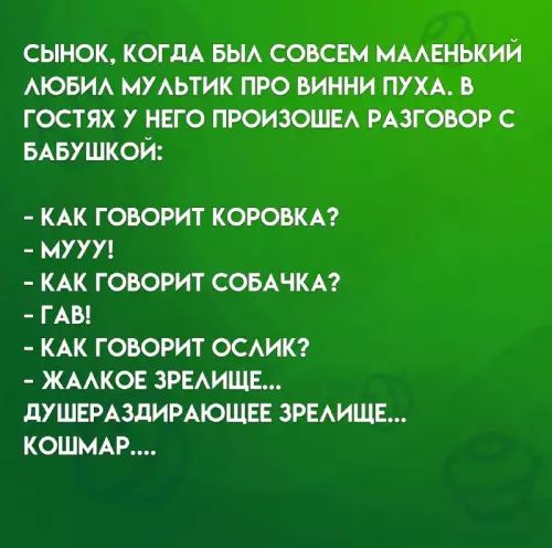 СЫНОК КОГДА БЫЛ СОВСЕМ МАЛЕНЬКИЙ ЛЮБИЛ МУЛЬТИК ПРО ВИННИ ПУХА В ГОСТЯХ У НЕГО ПРОИЗОШЕЛ РАЗГОВОР С БАБУШКОЙ КАК ГОВОРИТ КОРОВКА МУУУ КАК ГОВОРИТ СОБАЧКА ГАВ КАК ГОВОРИТ ОСЛИК ЖАЛКОЕ ЗРЕЛИЩЕ ДУШЕРАЗДИРАЮЩЕЕ ЗРЕЛИЩЕ КОШМАР