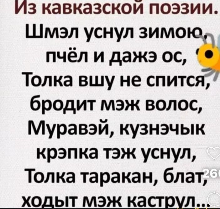 Из кавказской поэзии Шмэл уснул зимо пчёл и дажэ ос Толка вшу не спится бродит мэж волос Муравэй кузнэчык крэпка тэж уснул Толка таракан блат ходыт мэж каструл