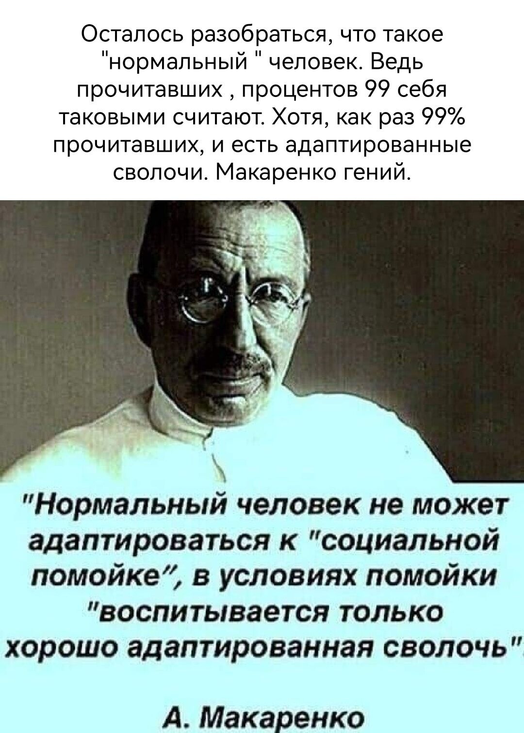 Осталось разобраться что такое нормальный человек Ведь прочитавших процентов 99 себя таковыми считают Хотя как раз 99 прочитавших и есть адаптированные сволочи Макаренко гений Нормальный человек не может адаптироваться к социальной помойке в условиях помойки воспитывается только хорошо адаптированная сволочь А Макаренко