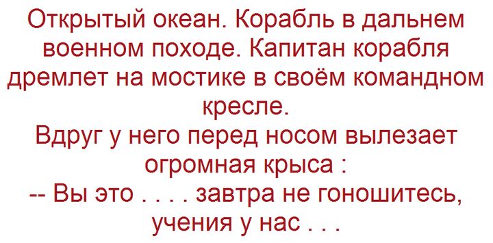 Открытый океан Корабль в дальнем военном походе Капитан корабля дремлет на мостике в своём командном кресле Вдруг у него перед носом вылезает огромная крыса Вы это завтра не гоношитесь учения у нас