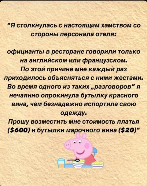 Я столкнулась с настоящим хамством со стороны персонала отеля официанты в ресторане говорили только на английском или французском По этой причине мне каждый раз приходилось объясняться с ними жестами Во время одного из таких разговоров я нечаянно опрокинула бутылку красного вина чем безнадежно испортила свою одежду Прошу возместить мне стоимость пл