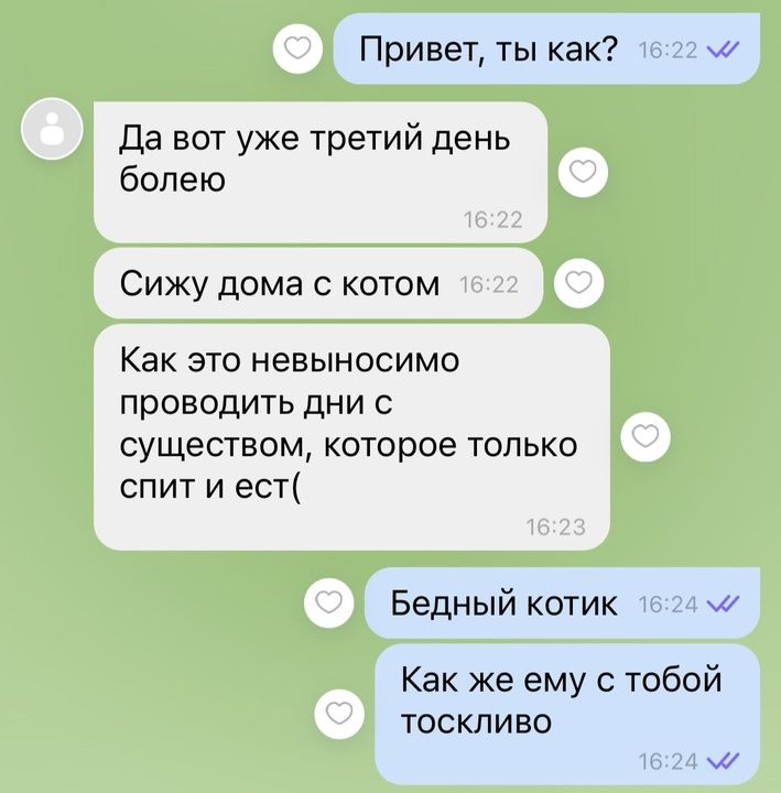 Привет ты как м Да вот уже третий день болею Сижу дома с котом Как это невыносимо проводить дни с существом которое только спит и ест Бедный котик м Как же ему с тобой тосКлИвВо м