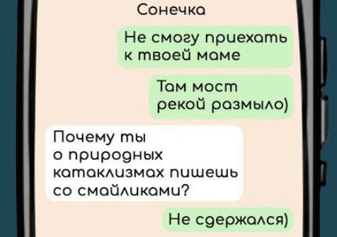 Сонечка Не смогу приехоть к твоей моме Том мост рекой размыло Почему ты о природных котоклизмох пушешь со смойликоми Не соержолся