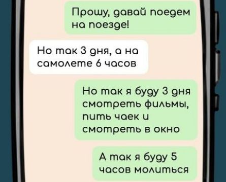 Прошу довай поедем но поезде Но ток 3 оня на самолете 6 часов Но ток я бусу 3 оня смотреть фильмы пыть чаек и смотреть в окно А ток я буду 5 часов молиться