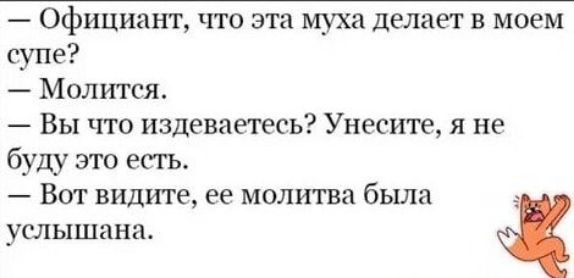 Официант что эта муха делает в моем супе Молится Вы что издеваетесь Унесите я не буду это есть Вот видите ее молитва была услышана