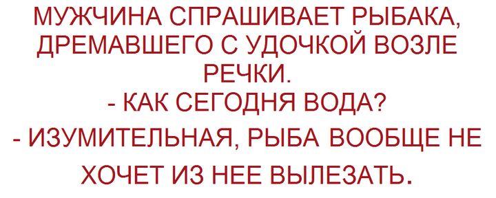 МУЖЧИНА СПРАШИВАЕТ РЫБАКА ДРЕМАВШЕГО С УДОЧКОЙ ВОЗЛЕ РЕЧКИ КАК СЕГОДНЯ ВОДА ИЗУМИТЕЛЬНАЯ РЫБА ВООБЩЕ НЕ ХОЧЕТ ИЗ НЕЕ ВЫЛЕЗАТЬ