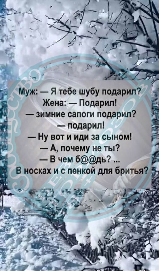 у Муж Я тебе шубу подарипд 4 подарил Ну вот и иди за сыном А почему не ты і Жена Подарил 5 зимние сапоги подарил Ё В чем бдь 3 ЁВ носках и с пенкой для бритья ЛЁ