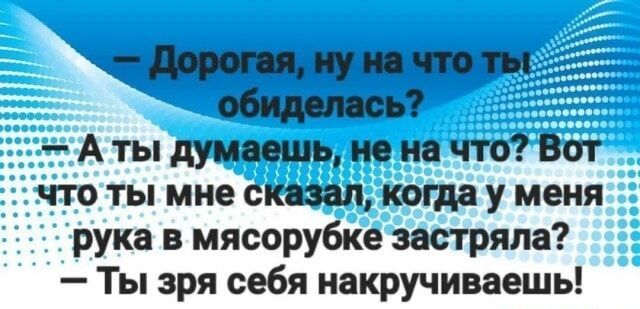 Дорогая ну на что ты обиделась А ты думаешь ненна что Вот что ты мне сказал когда у меня рука в мясорубке застряла Ты зря себя накручиваешь