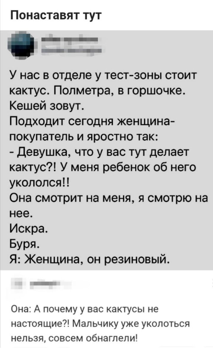 Понаставят тут У нас в отделе у тест зоны стоит кактус Полметра в горшочке Кешей зовут Подходит сегодня женщина покупатель и яростно так Девушка что у вас тут делает кактус У меня ребенок об него укололся Она смотрит на меня я смотрю на нее Искра Буря Я Женщина он резиновый Она А почему у вас кактусы не настоящие Мальчику уже уколоться нельзя совсе