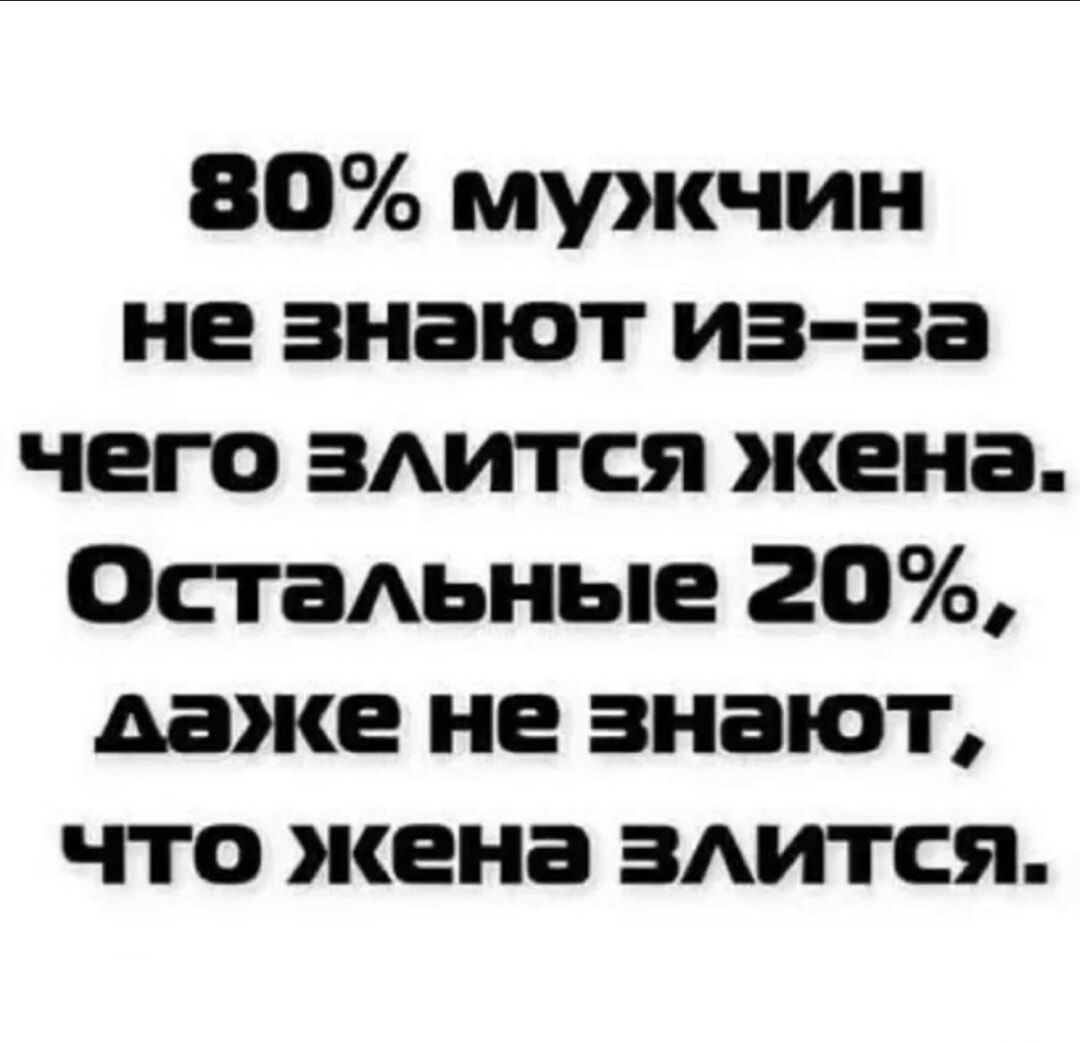 80 мужчин не знают из за чего злится жена Остальные 20 лаже не знают что жена злится