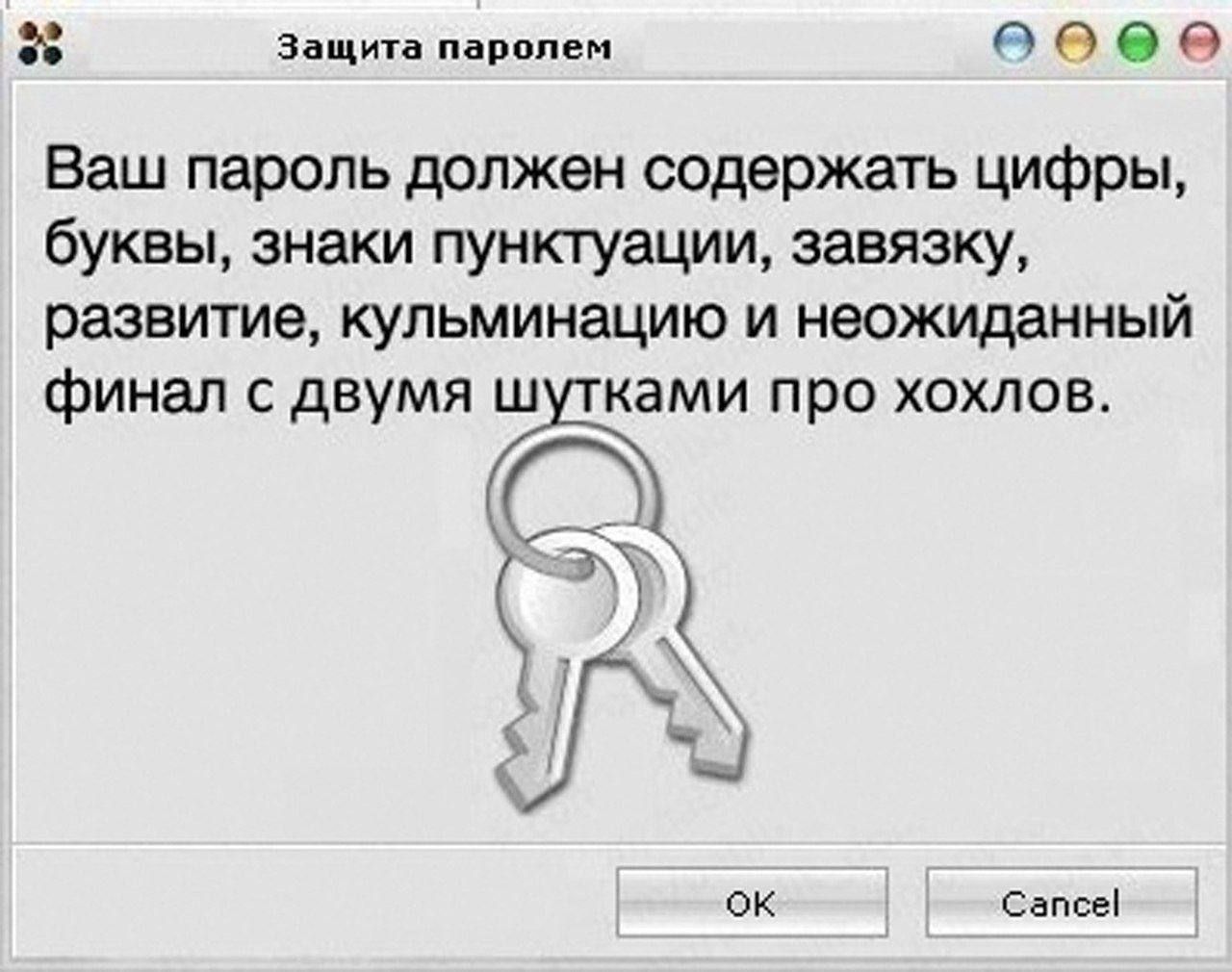 НЗ Защита паролем ееее Ваш пароль должен содержать цифры буквы знаки пунктуации завязку развитие кульминацию и неожиданный финал с двумя шутками про хохлов ок Сапсе