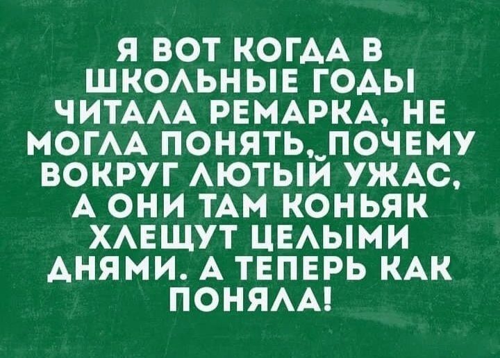 Я ВОТ КОГАДА В ШКОЛЬНЫЕ ГОДЫ ЧИТАЛА РЕМАРКА НЕ МОГЛА ПОНЯТЬ ПОЧЕМУ ВОКРУГ ЛЮТЫЙ УЖАС А ОНИ ТАМ КОНЬЯК ХЛЕЩУТ ЦЕЛЫМИ АНЯМИ А ТЕПЕРЬ КАК ПОНЯЛА