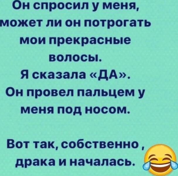 Он спросил у меня может ли он потрогать мои прекрасные волосы Я сказала ДА Он провел пальцем у меня под носом Вот так собственно драка и началась