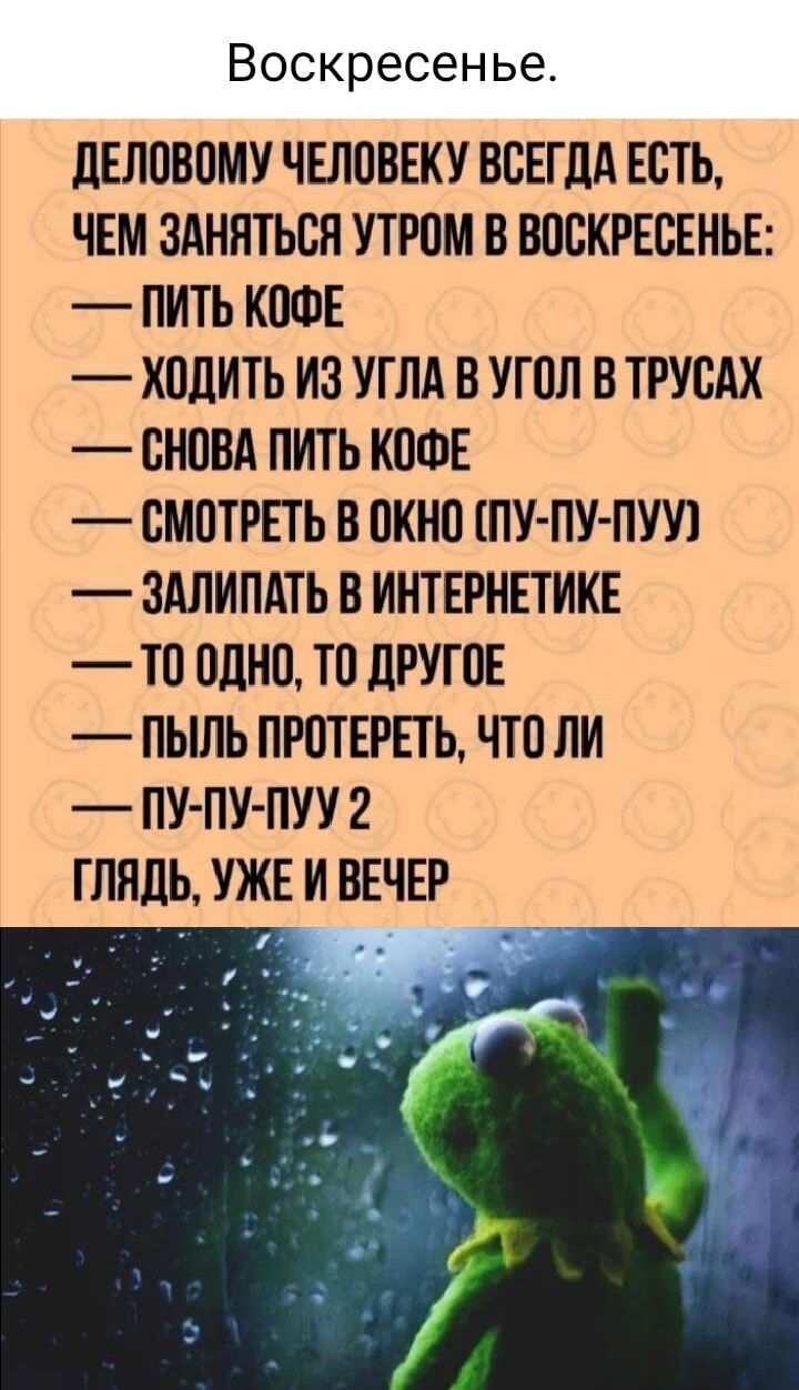 Воскресенье ДЕЛОВОМУ ЧЕЛОВЕКУ ВСЕГДА ЕСТЬ ЧЕМ ЗАНЯТЬСЯ УТРОМ В ВОСКРЕСЕНЬЕ ПИТЬ КОФЕ ХОДИТЬ ИЗ УГЛА В УГОЛ В ТРУСАХ СНОВА ПИТЬ КОФЕ СМОТРЕТЬ В ОКНО ПУ ПУ ПУУ ЗАЛИПАТЬ В ИНТЕРНЕТИКЕ 10 ОДНО ТО ДРУГОЕ ПЫЛЬ ПРОТЕРЕТЬ ЧТО ЛИ ПУ ПУ ПУУ 2 ГЛЯДЬ УЖЕ И ВЕЧЕР