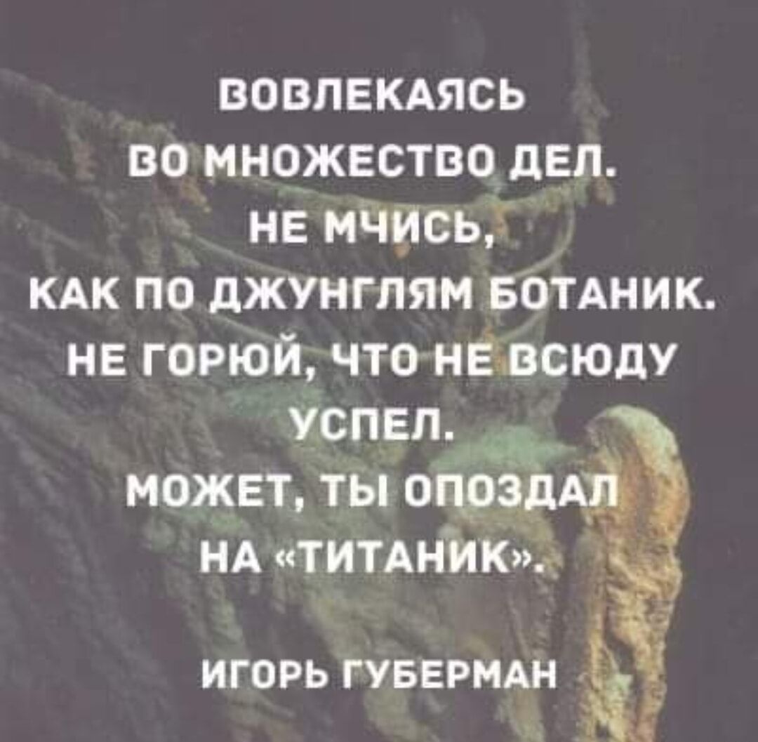 ВОВЛЕКАЯСЬ ВОМНОЖЕСТВО ДЕЛ НЕ МЧИСЬ КАК ПО ДЖУНГЛЯМ БОТАНИК НЕ ГОРЮЙ ЧТО НЕВСЮДУ УСПЕЛ МОЖЕТ ТЫ ОПОЗДАТ НА ТИТАНИК ИГОРЬ ГУБЕРМАН __ Я