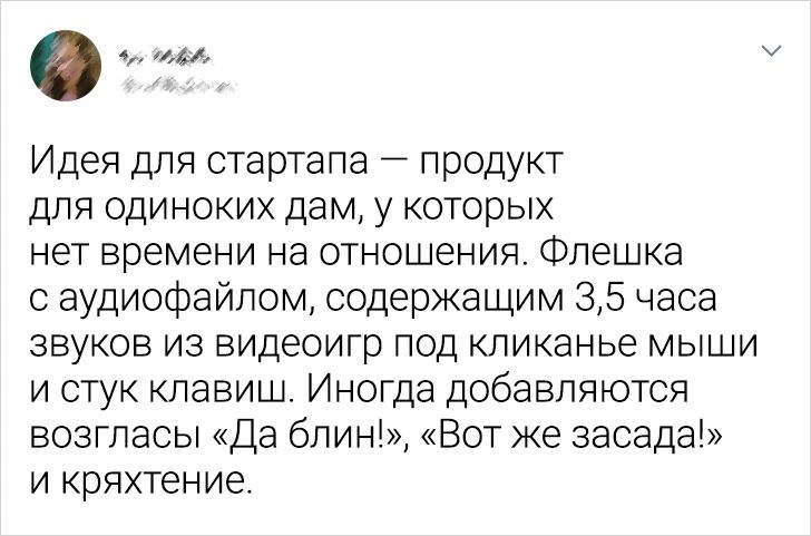 р Идея для стартапа продукт для одиноких дам у которых нет времени на отношения Флешка с аудиофайлом содержащим 35 часа звуков из видеоигр под кликанье мыши и стук клавиш Иногда добавляются возгласы Да блинь Вот же засада и кряхтение