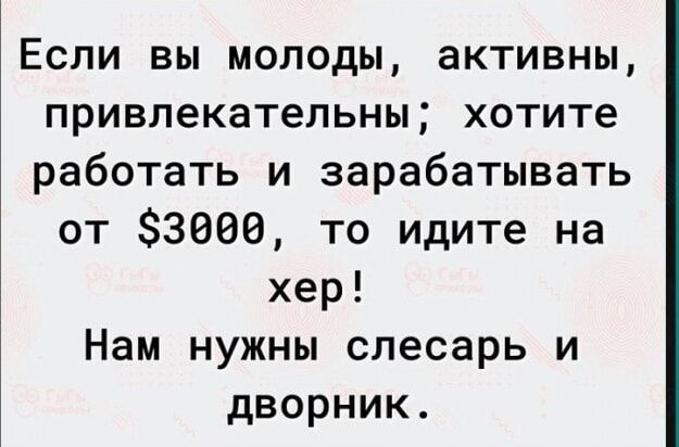 Если вы молоды активны привлекательны хотите работать и зарабатывать от 3000 то идите на хер Нам нужны слесарь и дворник