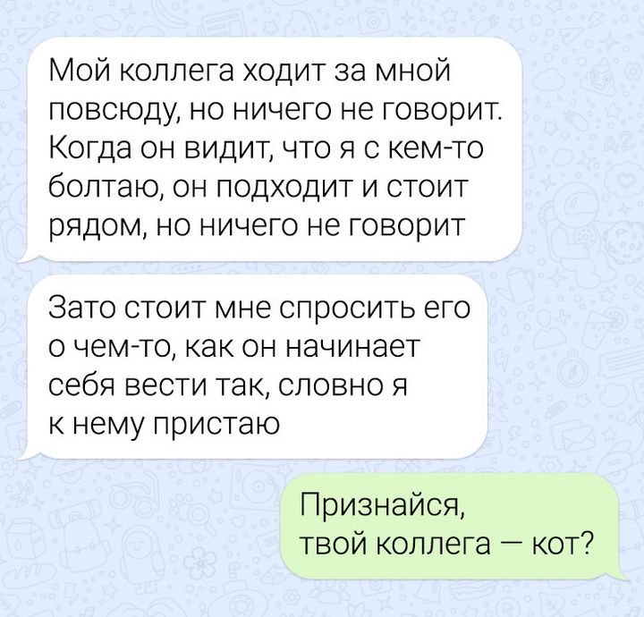 Мой коллега ходит за мной повсюду но ничего не говорит Когда он видит что я с кем то болтаю он подходит и стоит рядом но ничего не говорит Зато стоит мне спросить его о чем то как он начинает себя вести так словно я кнему пристаю Признайся твой коллега кот