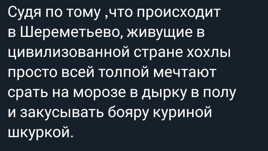 Судя по тому что происходит в Шереметьево живущие в цивилизованной стране хохлы просто всей толпой мечтают срать на морозе в дырку в полу и закусывать бояру куриной шкуркой