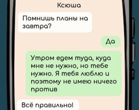 Ксюша Помнишь планы на завтра До Утром едем тудо куда мне не нужно но тебе нужно Я тебя люблю и поэтому не имею ничего против Всё правильно