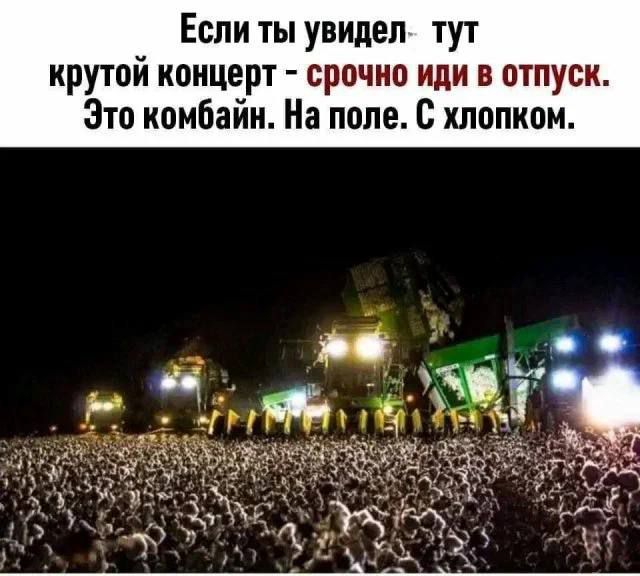 Если ты увидел тут крутой концерт срочно иди в отпуск Это комбайн На поле С хлопком