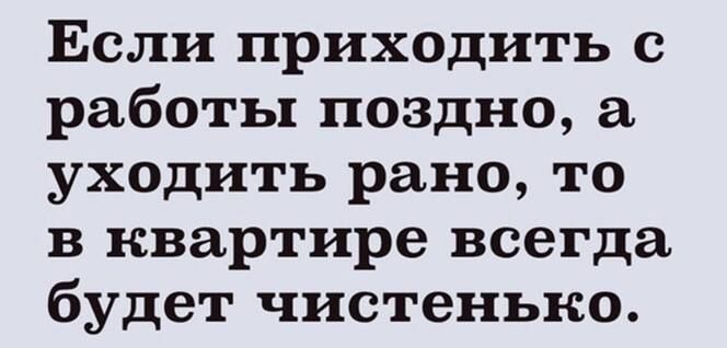 Если приходить с работы поздно а УХОДИТЬ рано то в квартире всегда будет чистенько