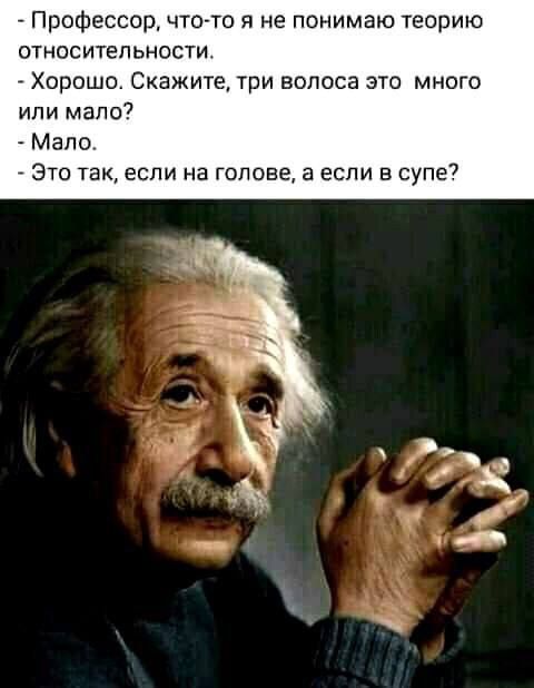 Профессор что то я не понимаю теорию относительности Хорошо Скажите три волоса это много или мало Мало Это так если на голове а если в супе