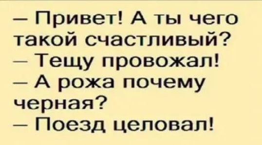 привет! А ты чего такой счастливый?  Тещу провожал!  А рожа почему черная?  Поезд целовал!