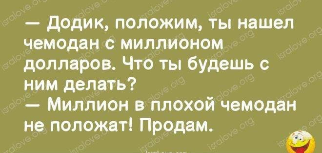 додик, положим, ты нашел чемодан с миллионом долларов. Что ты будешь с ним делать?  Миллион в плохой чемодан не положат! Продам. Ру