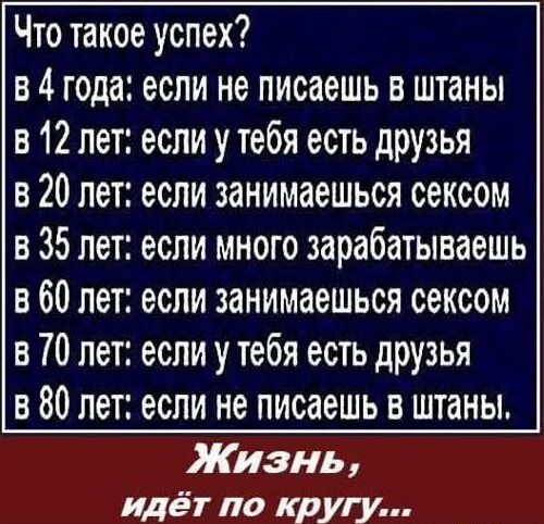 Что такое успех? В 4 года: если не писаешь в штаны в 12 лет: если у тебя есть друзья в 20 лет: если занимаешься сексом в 35 лет: если много зарабатываешь в 60 лет: если занимаешься сексом в то лет:. Если у тебя есть друзья в 80 лет: если не писаешь в штаны, жизнь, идёт по кругу...