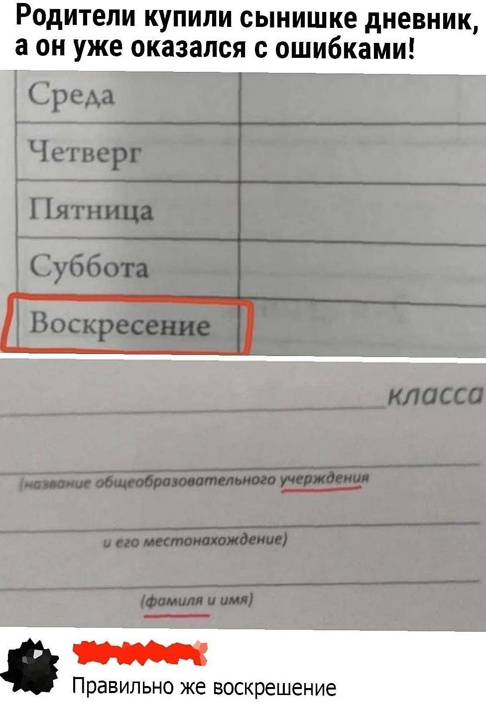 Родители купили сыну дневник, а он уже оказался с ошибками!
Среда
Четверг
Пятница
Суббота
Воскресение

класса
(название образовательного учреждения
и его местонахождение)
(фамилия и имя)
Правильно же воскресение